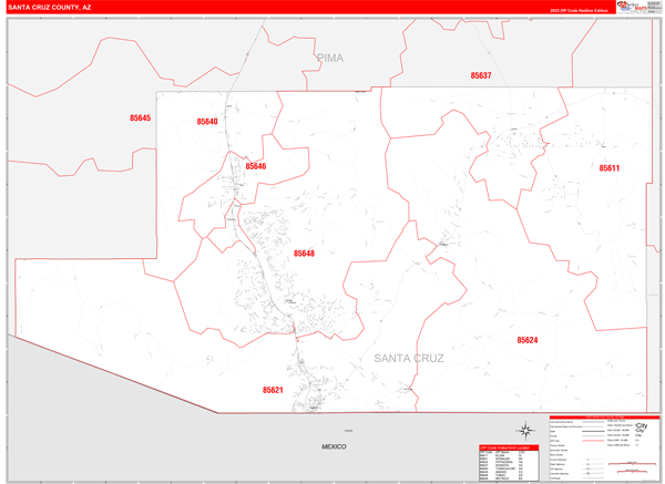 Santa Cruz County, AZ Zip Code Wall Map Red Line Style by MarketMAPS